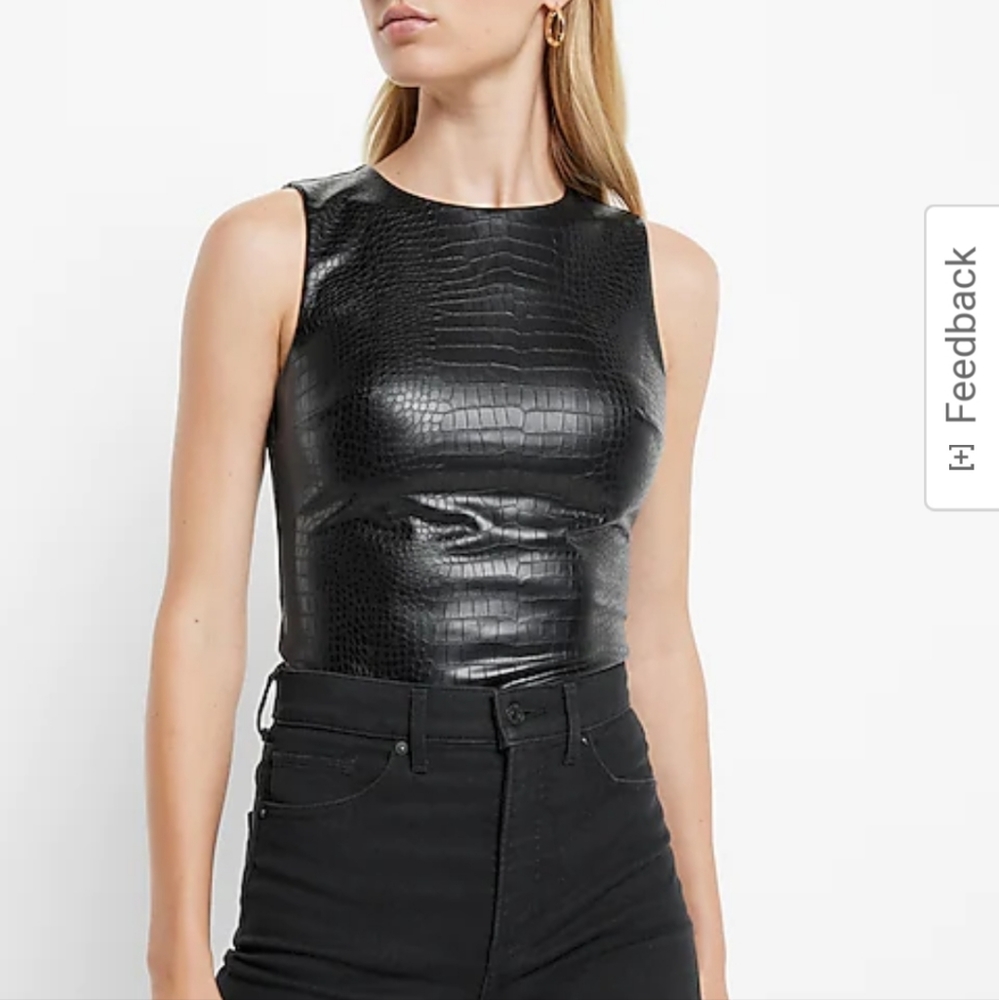 Express Body Contour Croc Faux Leather High Neck Thong Bodysuit, small